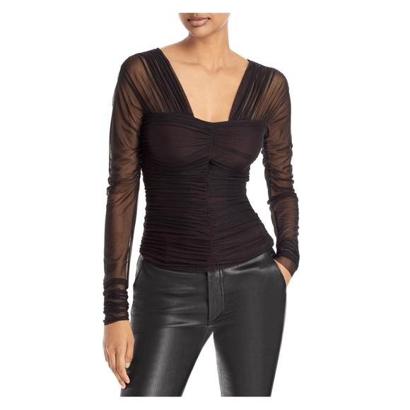 A.L.C Womens Black Mesh Ruched Lined Long Sleeve V Neck Party Top - Picture 4 of 11